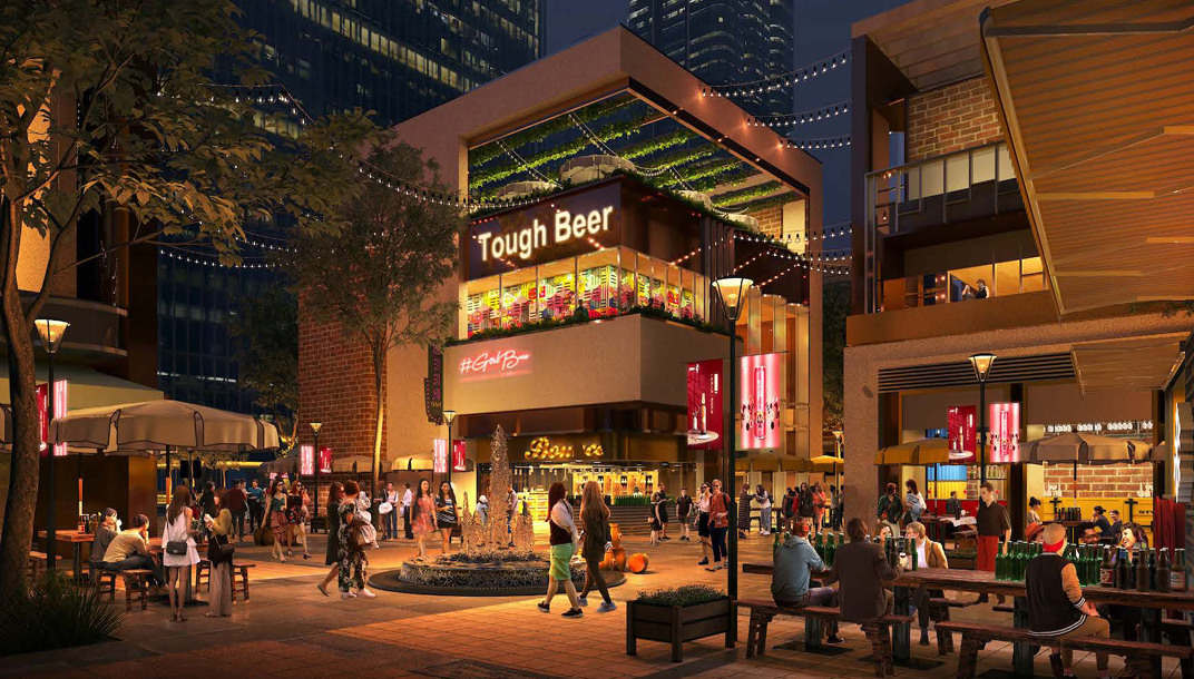 Evening rendering of a mixed-use plaza with restaurants, retail, outdoor dining, and string lights