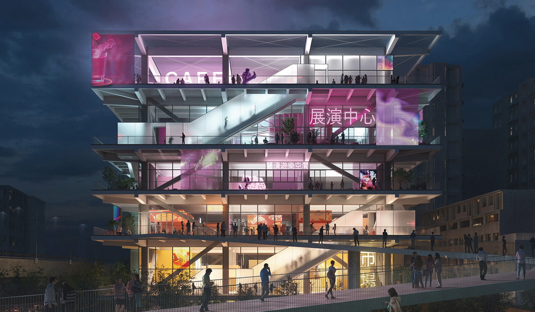 Multi-level mixed-use community building at night with illuminated ground-floor cafes and open-air terraces