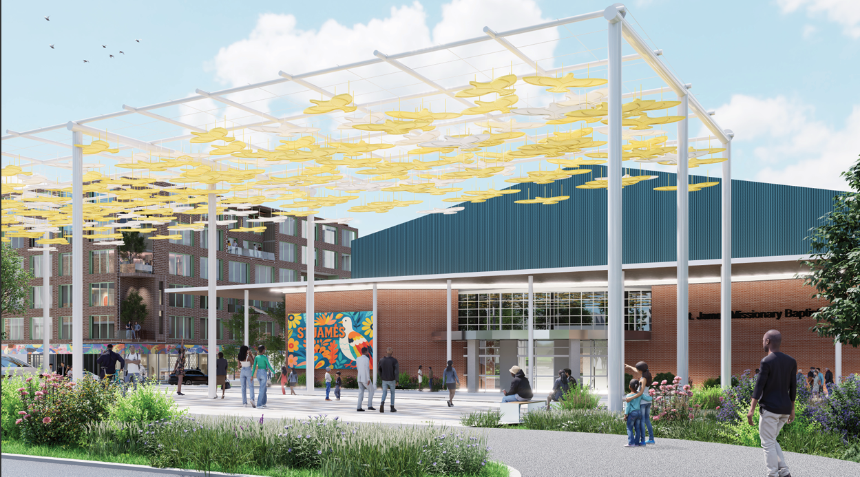 Daytime rendering of a public plaza with a disc-shaped shade canopy and the historic St. James Missionary Baptist Church in the background