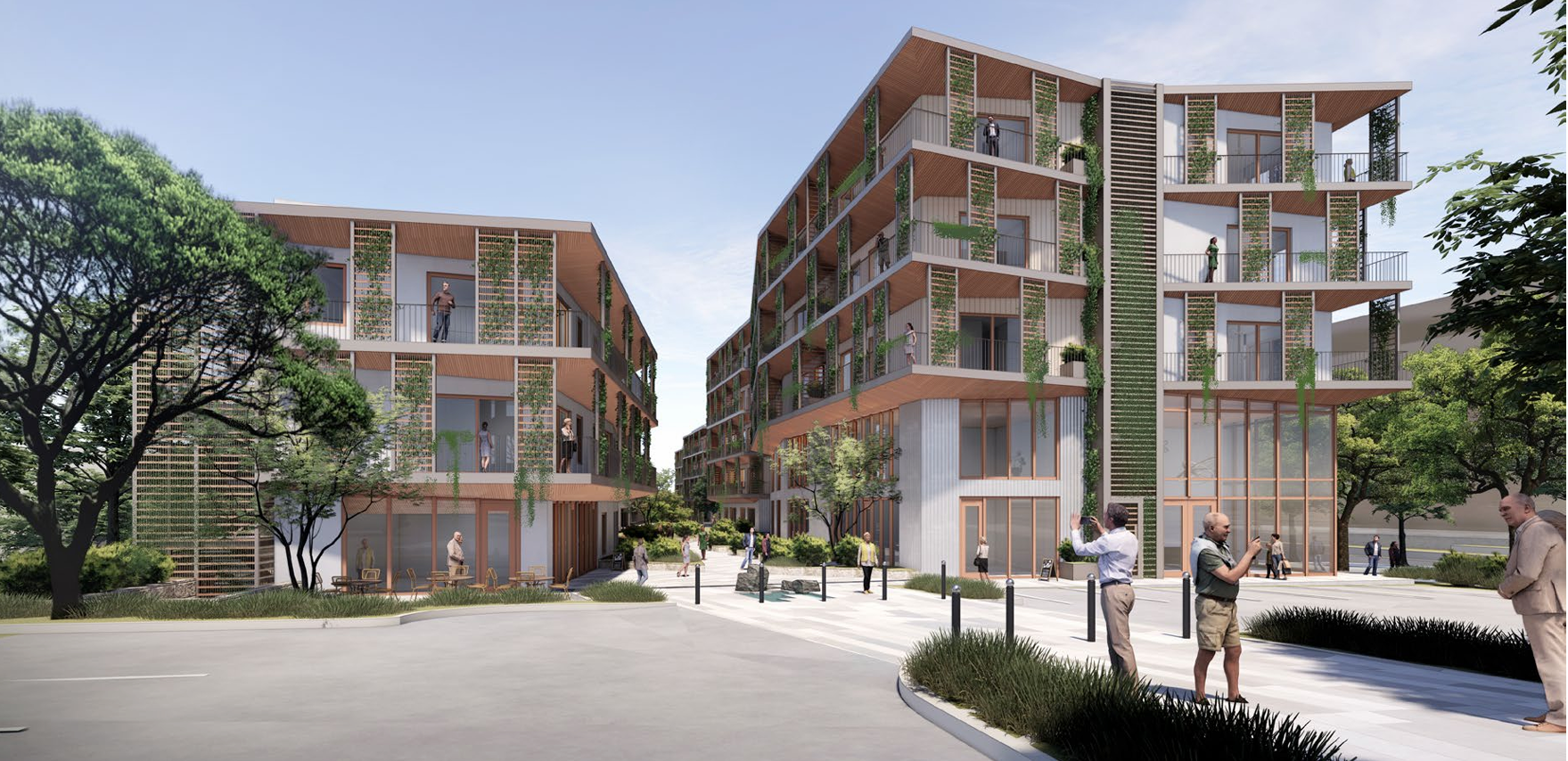 Rendering of two modern multi-story senior living buildings with balconies, wood accents, and landscaped courtyards